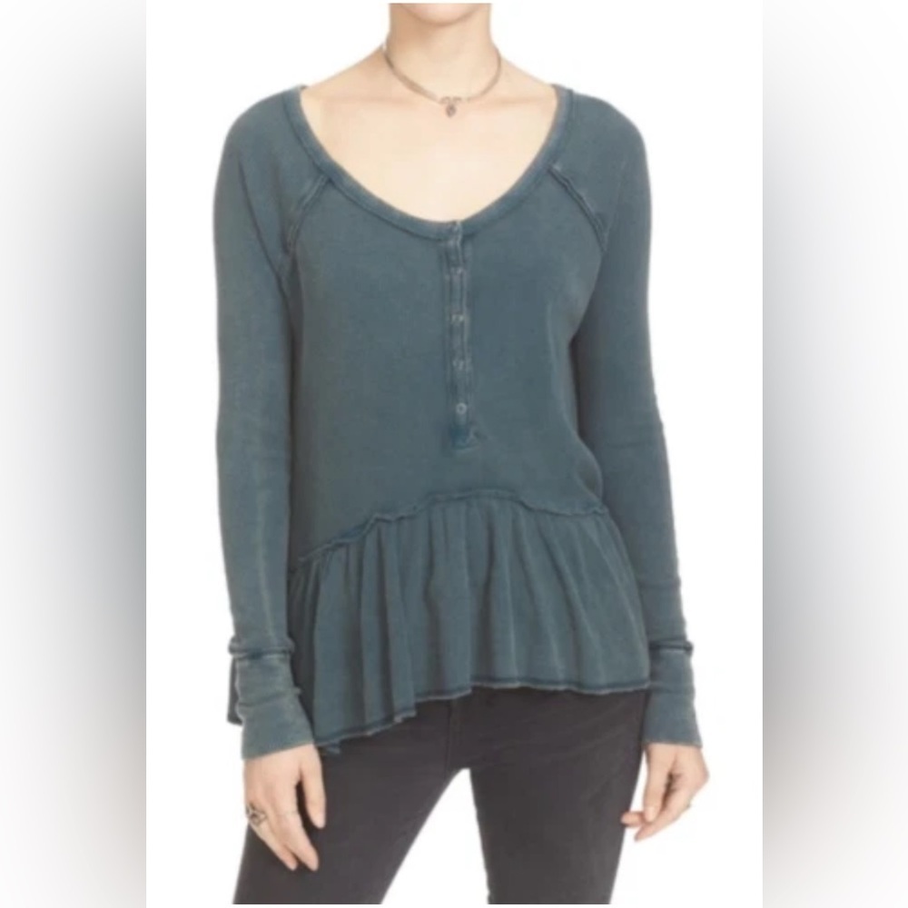 Free People Women Coastline Peplum Long Sleeve Top Blouse Size M Green Blue Boho